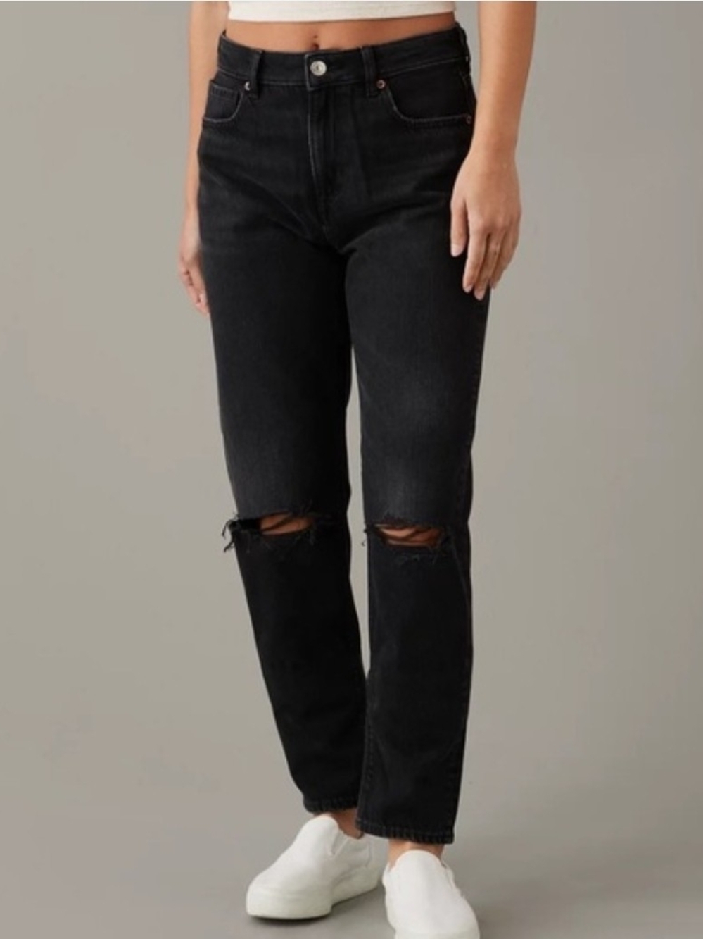 AE High-Rise Strigid Mom Jeans in Destroyed Black 4 Short
